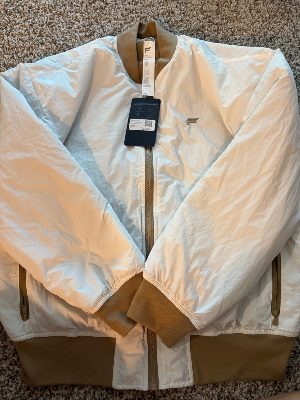 Fabletics Light Cream Bomber Jacket with Brown Trim